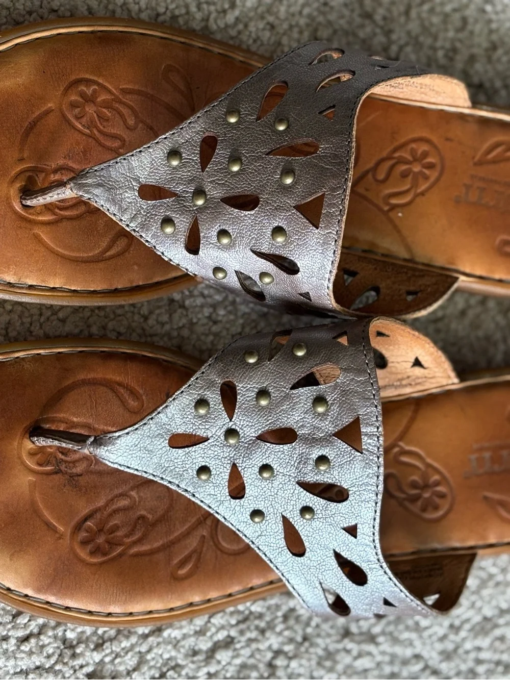 Born Brown Leather Cutout Toe-Post Sandals with Stud Accents